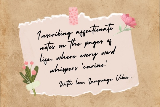 A handwritten note on an aged paper background with a message about 'cariño,' symbolizing the gentle whisper of affection in the Spanish language, adorned with a pink tape and flowers.